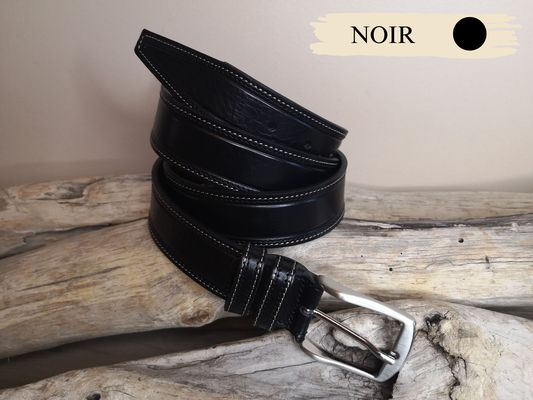 CEINTURE MIXTE DE 3.5CM EN CUIR DE TAUREAU AVEC COUTURES