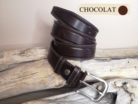 CEINTURE MIXTE DE 3.5CM EN CUIR DE TAUREAU AVEC COUTURES