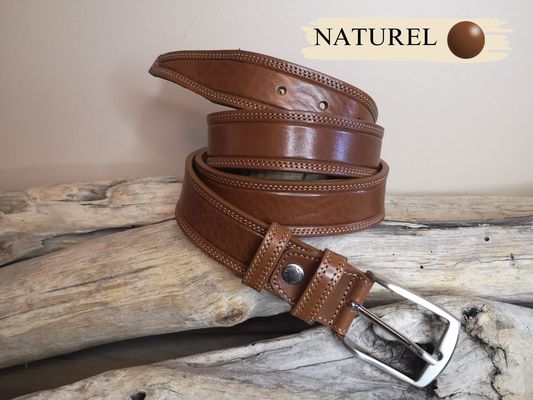 CEINTURE MIXTE DE 3.5CM EN CUIR DE TAUREAU AVEC COUTURES