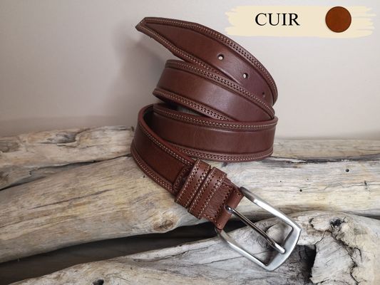 CEINTURE MIXTE DE 3.5CM EN CUIR DE TAUREAU AVEC COUTURES