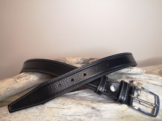 CEINTURE MIXTE DE 3.5CM EN CUIR DE TAUREAU AVEC COUTURES