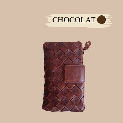 Portefeuille original femme en cuir de vachette tressé